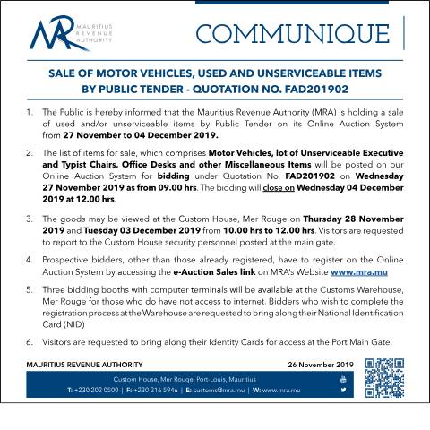 Document preview: Sale of Motor Vehicles, Used and Unserviceable Items by Public Tender - Quotation No. FAD01902 (26.11.19) — Document, Mauritius (CERFA n°PublicTenderQUO201902)