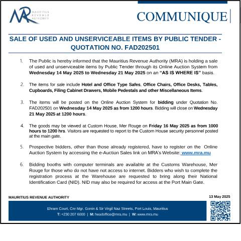 Document preview: Sale of Used and Unserviceable Items by Public Tender - Quotation No. FAD202501 (13.05.25) — Document, Mauritius (CERFA n°QuoteFAD130525)