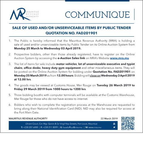 Document preview: Sale of used and / or unserviceable items by Public Tender (22.03.19) — Document, Mauritius (CERFA n°TenderNotice220319)