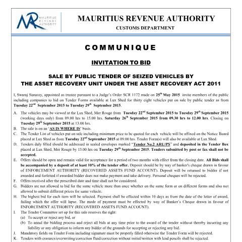 Document preview: Invitation to Bid : Sale by Public Tender of Seized Vehicles (17.09.15) — Document, Mauritius (CERFA n°InvitationTobid170915)