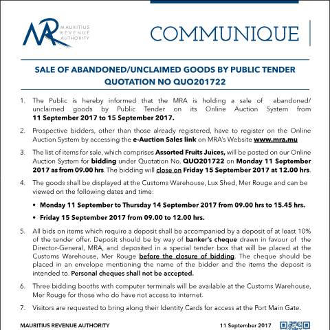 Document preview: Sale of Abandoned / Unclaimed Goods by Public Tender (11.09.2017) — Form, Mauritius (CERFA n°CommuniqueQ22of2017)
