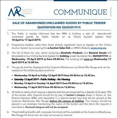 Document preview: Sale of Abandoned / Unclaimed Goods by Public Tender (10.04.19) — Form, Mauritius (CERFA n°Communique15of2019)
