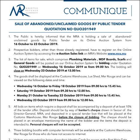 Document preview: Quotation 49 of 2019 — Notice / Circular, Mauritius (CERFA n°Communique49of2019)