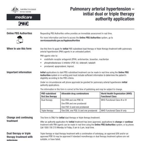 Document preview: Pulmonary arterial hypertension - initial dual or triple therapy authority application form (PB303) — Services Australia — Health professionals, Australia (CERFA n°PB303)