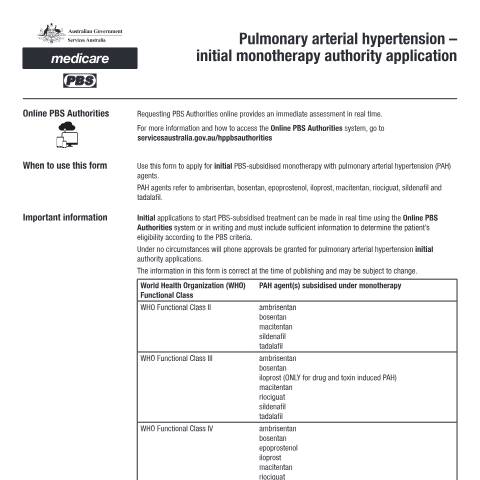Document preview: Pulmonary arterial hypertension - initial monotherapy authority application form (PB070) — Services Australia — Health professionals, Australia (CERFA n°PB070)
