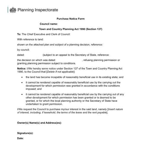 Document preview: Purchase notices served under the Town and Country Planning Act 1990 — Planning Inspectorate, United Kingdom