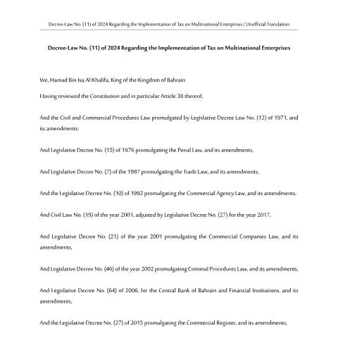Document preview: Decree-Law No. (11) of 2024 Regarding the Implementation of Tax on Multinational Enterprises — Laws & Regulations, البحرين (CERFA n°Decree-Law No. (11) of 2024)