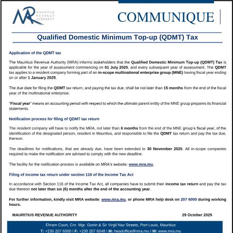 Document preview: Qualified Domestic Minimum Top-up (QDMT) Tax (29.10.25) — Document, Mauritius (CERFA n°ComQDMT291025)