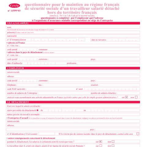 Aperçu du document Questionnaire de maintien au régime français de sécurité sociale d'un travailleur salarié détaché — Particuliers, France (CERFA n°11559*03)