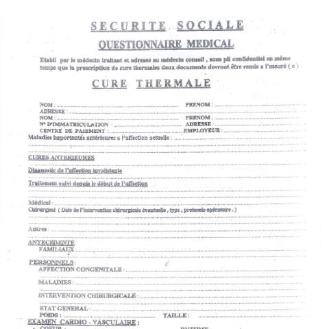 Aperçu du document Questionnaire médical cure thermale — CNAS — Formulaires Sécurité sociale, Algérie (CERFA n°–)