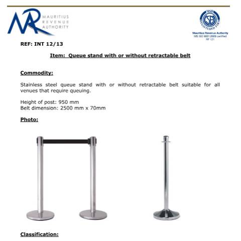 Document preview: Classification for Queue Stand — Document, Mauritius (CERFA n°QueueStand)