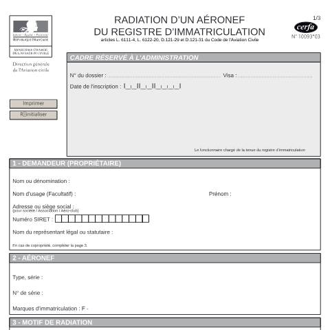 Aperçu du document Radiation d'un aéronef du registre d'immatriculation — Professionnels, France (CERFA n°10093*03)