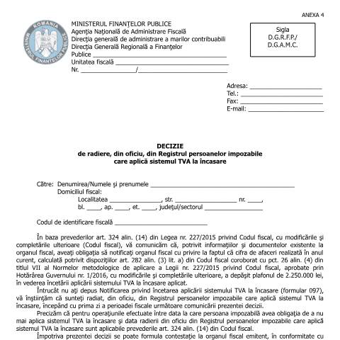Document preview: Decizie de radiere, din oficiu, din Registrul persoanelor impozabile care aplică sistemul TVA la încasare (OPANAF 1503/2016, cu modificările și completările ulterioare) — Documente emise, România (CERFA n°A4_OPANAF_1503_2016)