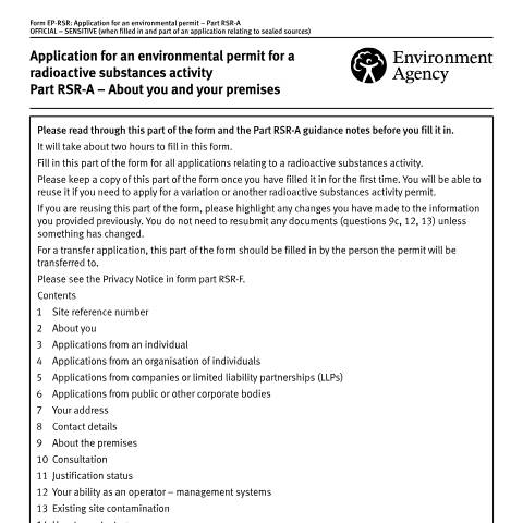 Document preview: Radioactive substances activity: application for an environmental permit Part RSR-A — Environment Agency, United Kingdom