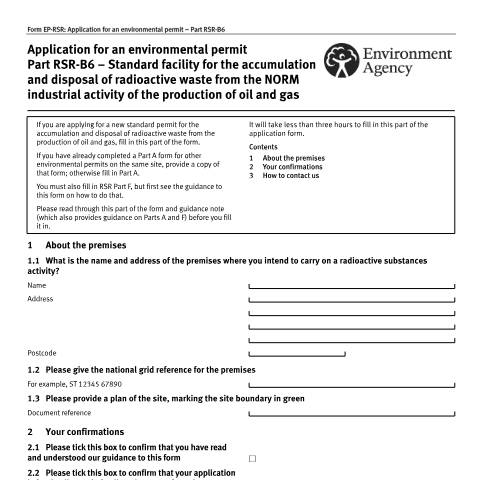 Document preview: Part RSR-B6: apply for the accumulation and disposal of radioactive waste from the production of oil and gas — Environment Agency, United Kingdom