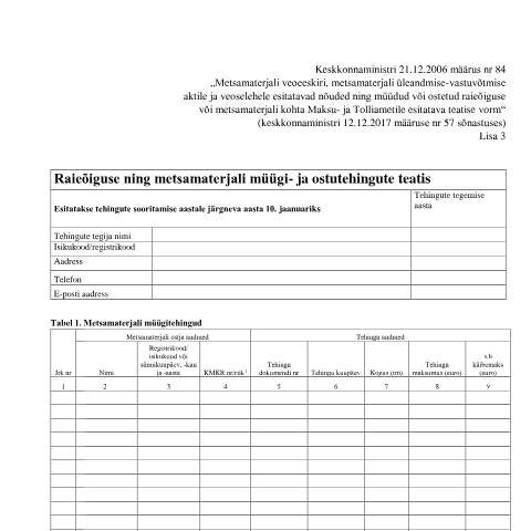 Document preview: Raieõiguse ning metsamaterjali müügi- ja ostutehingu teatis — maksud-ja-tasumine, Eesti (CERFA n°RAIEOIGUSE NING METSAMATERJALI MUUGI)