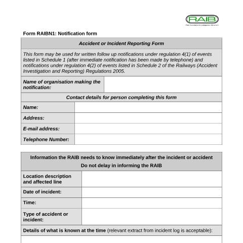 Document preview: Report an accident or incident — Rail Accident Investigation Branch, United Kingdom
