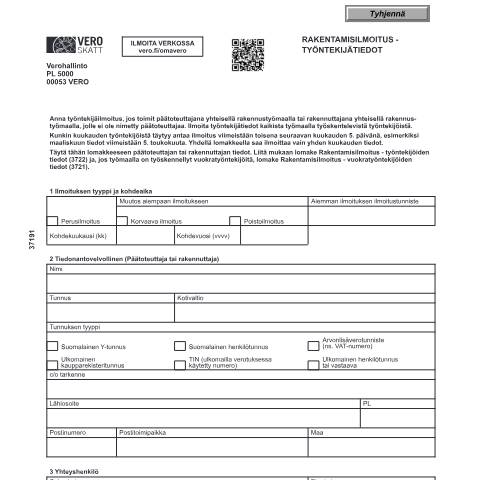 Document preview: Rakentamisilmoitukset - Työntekijätiedot (3719) — Rakentamisilmoitukset - Työntekijätiedot (3719), Suomi (CERFA n°Vero 3719)