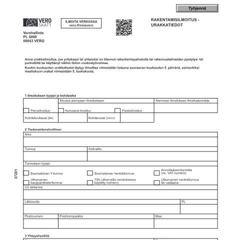 Document preview: Rakentamisilmoitukset - Urakkatiedot (3720) — Rakentamisilmoitukset - Urakkatiedot (3720), Suomi (CERFA n°Vero 3720)
