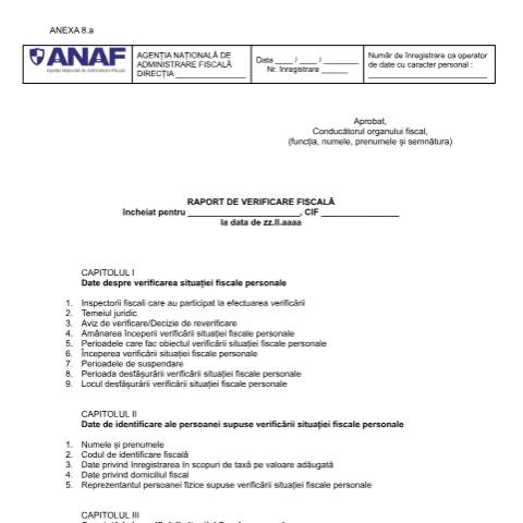 Document preview: Raport de verificare fiscală (OPANAF 2117/2018) — Documente emise, România (CERFA n°A8_OPANAF_2117_2018)