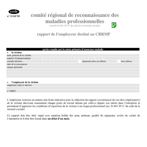 Aperçu du document Rapport de l'employeur destiné au comité régional de reconnaissance des maladies professionnelles (CRRMP) — Professionnels, France (CERFA n°11141*01)