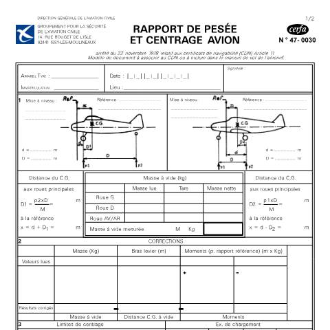 Aperçu du document Rapport de pesée et centrage d'aéronef (avion) — Professionnels, France (CERFA n°47-0030)