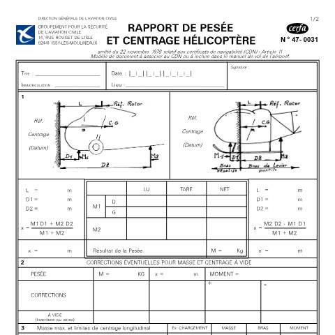 Aperçu du document Rapport de pesée et centrage d'aéronef (hélicoptère) — Professionnels, France (CERFA n°47-0031)
