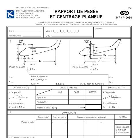 Aperçu du document Rapport de pesée et centrage d'aéronef (planeur) — Professionnels, France (CERFA n°47-0034)