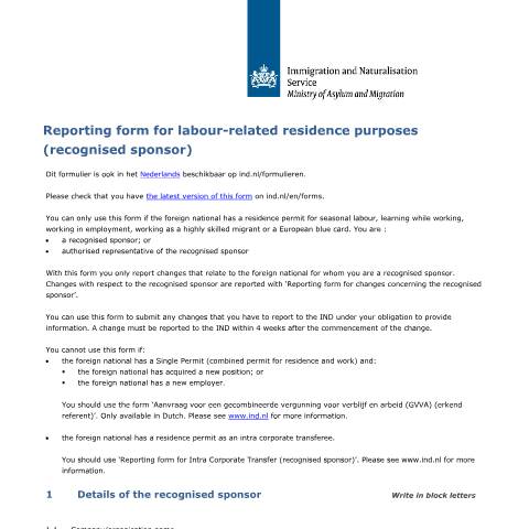 Documentvoorvertoning: Reporting form for labour-related residence purposes (recognised sponsor) — IND — immigratie, Nederland (CERFA n°7593)