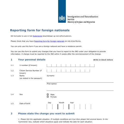 Documentvoorvertoning: Reporting form for foreign nationals — IND — immigratie, Nederland (CERFA n°7597)