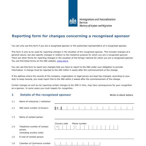 Documentvoorvertoning: Reporting form for changes concerning a recognised sponsor — IND — immigratie, Nederland (CERFA n°7588)