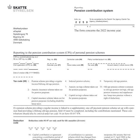 Document preview: Reporting to the pension contribution system (CPS) of personal pension schemes - 03.018 EN — 03 Tax: declarations, Danmark (CERFA n°03.018)