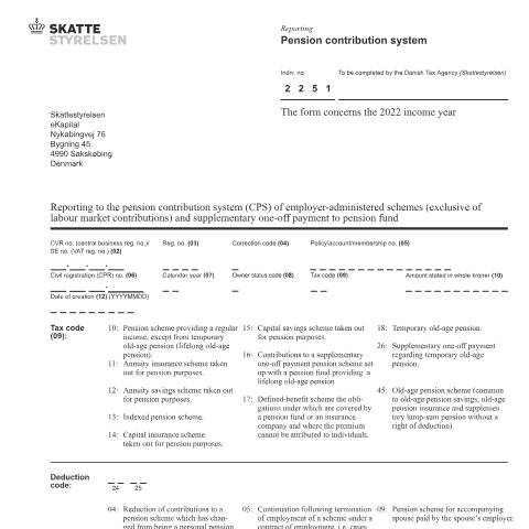 Document preview: Reporting to the pension contribution system (CPS) of company pension schemes and supplementary one-off contribution to pension fund - 03.017 EN — 03 Tax: declarations, Danmark (CERFA n°03.017)