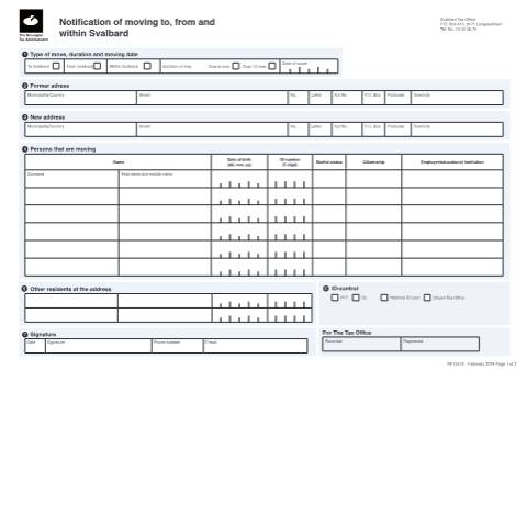 Document preview: Reporting a move to, from or within Svalbard — Skatteetaten / Forms, Norge