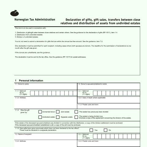 Document preview: Form for reporting gifts, gift sales, transfers between close relatives and the distribution of assets from undivided estates — Skatteetaten / Forms, Norge (CERFA n°RF-1616)