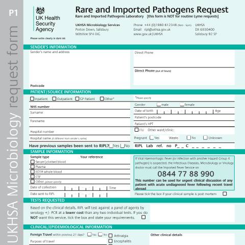 Document preview: Rare and imported pathogens testing: form to submit sample — UK Health Security Agency, United Kingdom