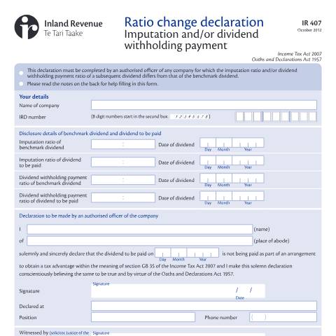 Document preview: Ratio change declaration — Income tax, New Zealand (CERFA n°IR407)