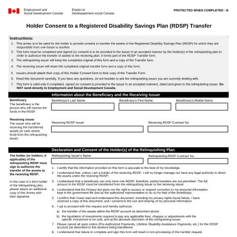 Document preview: Holder Consent to a Registered Disability Savings Plan (RDSP) Transfer — Employment Programs, Canada (CERFA n°EMP5612)