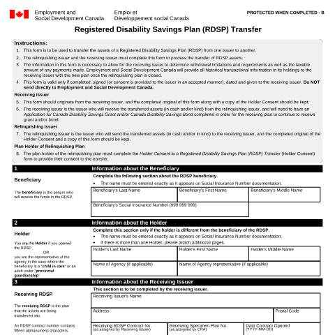 Document preview: Registered Disability Savings Plan (RDSP) Transfer — Employment Programs, Canada (CERFA n°EMP5611)