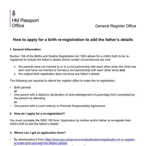 Document preview: Application to re-register a child’s birth and add the father's details — HM Passport Office, United Kingdom