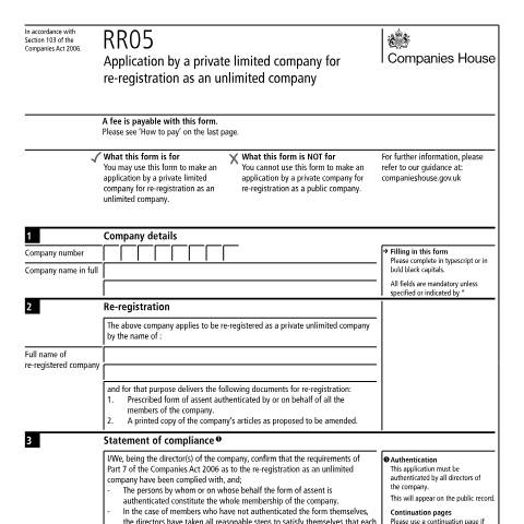 Document preview: Re-register your limited company as unlimited company (RR05) — Companies House, United Kingdom