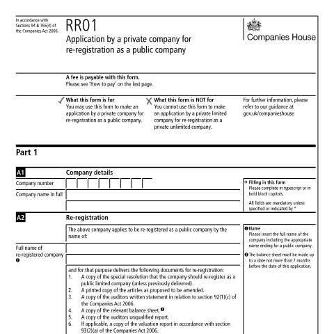 Document preview: Re-register your private limited company to a plc (RR01) — Companies House, United Kingdom