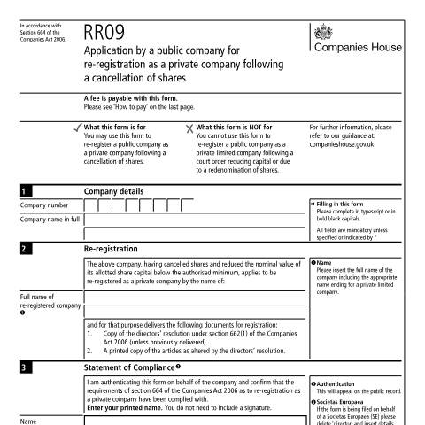 Document preview: Re-register a public company as a private company following a cancellation of shares (RR09) — Companies House, United Kingdom