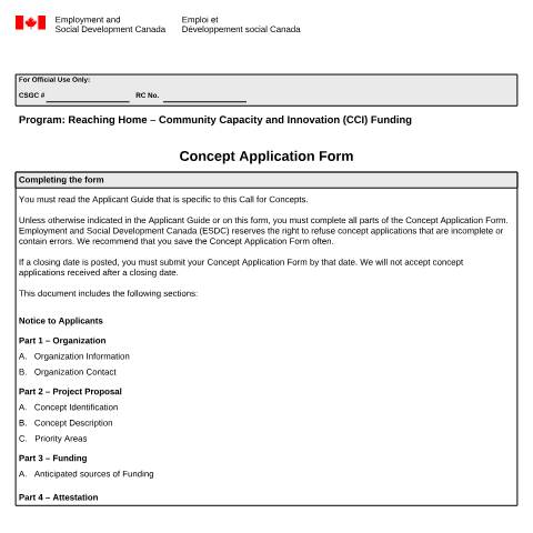 Document preview: Concept Application Form: Reaching Home - Community Capacity and Innovation (CCI) Funding — Employment and Social Development Canada, Canada (CERFA n°EMP5680)