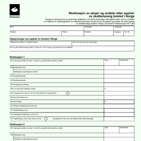 Document preview: Realisation of shares and holdings after cessation of tax residence in Norway — Skatteetaten / Forms, Norge (CERFA n°RF-1314)