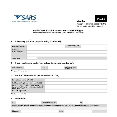 Document preview: P.2.53 – Receipt of imported goods into the VM – External Form — PDF Forms, South Africa (CERFA n°P.2.53)