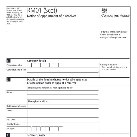 Document preview: Notice of appointment of a receiver for a Scottish company: RM01 (Scot) — Companies House, United Kingdom