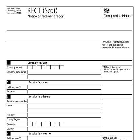 Document preview: Notice of receiver's report for a Scottish company: REC1(Scot) — Companies House, United Kingdom