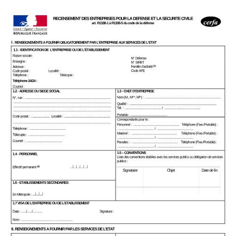 Aperçu du document Recensement des entreprises pour la défense et la sécurité civile — Professionnels, France (CERFA n°14983*01)