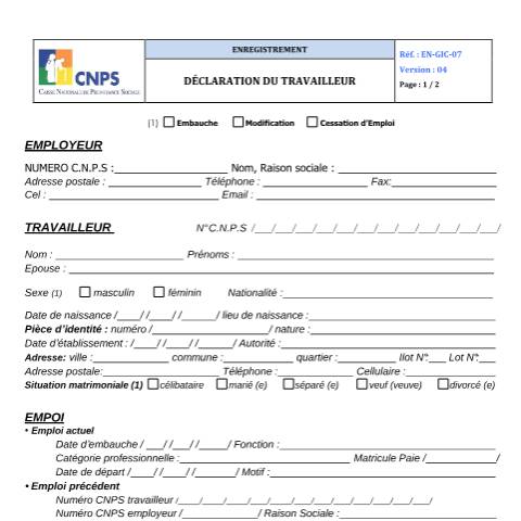 Aperçu du document ETAT-DE-RECENSEMENT-DES-SALARIES — Document CNPS (prévoyance sociale), Côte d'Ivoire
